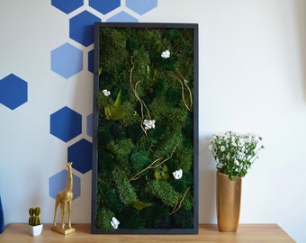 Decoratie voor de woonkamer Moderne kunst aan de muur. Echt mos. Mos frame. Chartreuse groene mosmuur. Moederdag cadeau.