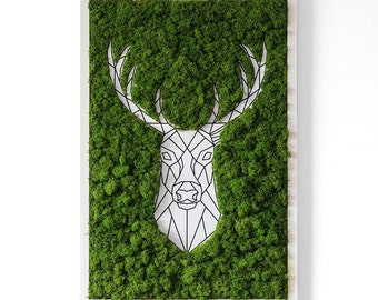 Awesome moss art: Geometric deer, Amazing printing, With reindeer moss, Wall painting with moss in an MDF frame, A great GIFT,