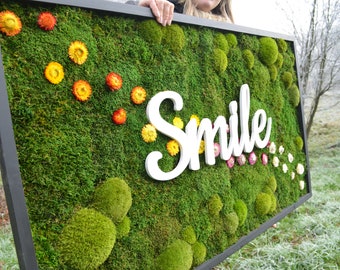 SMILE Moskunst + led moderne muurkunst. Echt mos. Mos frame. Chartreuse groene Moss Wall. Botanische kunst.