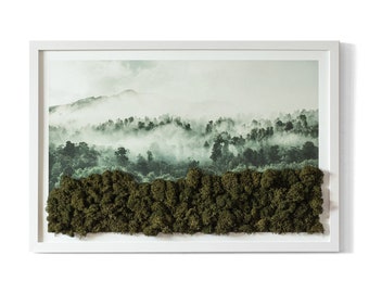 Wall moss art: Forest in the fog, Amazing printing, With reindeer moss, Wall painting with moss in an MDF frame, A great GIFT,