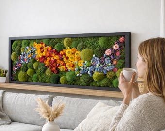 BESTSELLER- Rainbow Art. Led art. Moss art + led Modern wall art. Real Moss. Moss frame. Chartreuse green Moss Wall