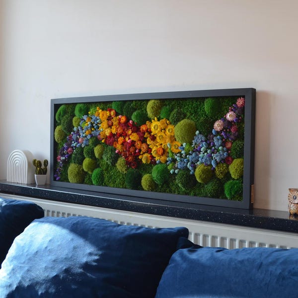 BEST-SELLER! Rainbow Art. LED Art. Moss art + led Modern wall art. Real Moss. Moss frame. Chartreuse green Moss Wall .Botanical Art.