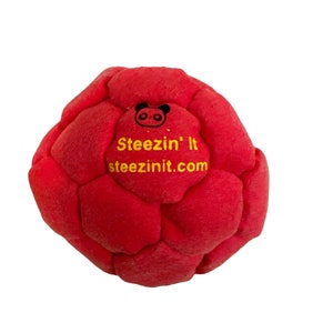 May include: Red, multi-faceted, soft, plush ball with a black and white panda face and the text "Steezin' It steezinit.com" in yellow.