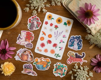 Pegatinas de gato de jardín, pegatinas de gato tierno, pegatinas dibujadas a mano, pegatinas para planificador de jardín, pegatinas de verano, pegatinas de diario, pegatinas de flores
