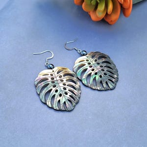 May include: A pair of silver earrings with iridescent black shell leaf charms. The leaves have a cut-out design and are accented with black beads.