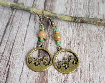 Boho Bronze Ocean Wave Earrings: Beachy Stone Bead Dangles