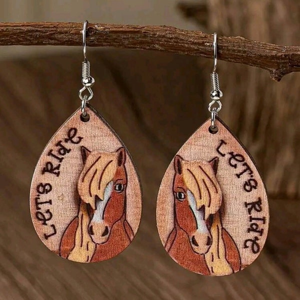 Stamped Cute Horse Southwestern Wood Earrings/Let's Ride Horse Earrings/Engraved Horse Western Style Dangle Earrings/Gift For Horse Lovers