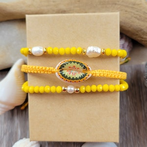 Yellow Beaded Bracelet Set: Pearl, Shell, and Gold Accents