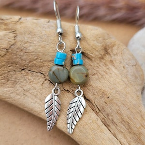 Southwestern Silver Feather Turquoise Dainty Dangling Earrings/Small Boho Stainless Steel Feather Earrings/Lightweight Bohemian Earrings