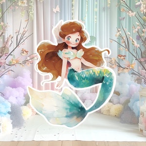 Zeemeermin groot decor knipsel, babymeisje verjaardag standee, grillige bloemenzeemeermin, magisch betoverd feest, onder het afdrukbare decor van de zee