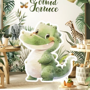 Decorazione grande per bambino coccodrillo, oggetti di scena ritagliati per feste, simpatico standee di compleanno nella giungla, sfondo adorabile, grandi oggetti di scena stampabili per festa, animale carino