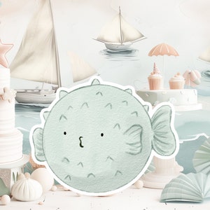 PUFFERFISH baby groot decor Knipsel feestrekwisieten, schattige verjaardagsstandaard van PUFFERFISH, schattige achtergrond onder de zee, afdrukbare grote rekwisietenprint