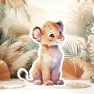 Grand décor de bébé lion, accessoires de fête découpés, joli voyageur debout d'anniversaire dans la jungle, toile de fond adorable, grands accessoires imprimables pour la fête, animal mignon