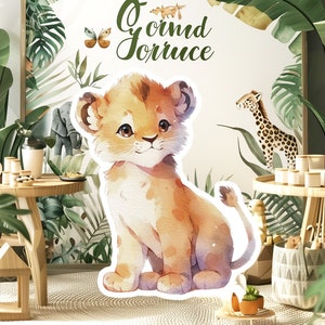 Grand décor de bébé lion, accessoires de fête découpés, joli voyageur debout d'anniversaire dans la jungle, toile de fond adorable, grands accessoires imprimables pour la fête, animal mignon