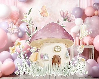 May include: A pink and purple balloon arch with a mushroom house illustration in the centre. The mushroom house has a brown door and two windows. There are flowers and butterflies around the mushroom house.