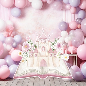 Prinses groot decor knipsel, babymeisje verjaardag standee, grillige bloemenprinses, magisch betoverd kasteel, roze afdrukbare decoratiefeest