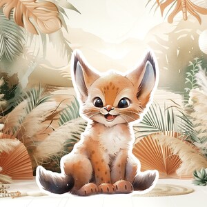Grand décor de bébé lynx roux, accessoires de fête découpés, mignon voyageur debout d'anniversaire dans la jungle, toile de fond adorable, grands accessoires imprimables pour la fête, animal mignon