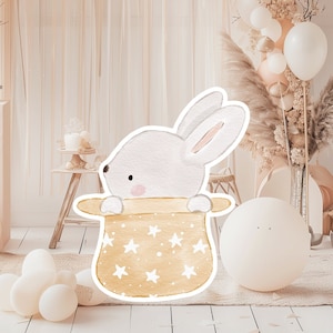 Boho baby groot decor Knipsel feestrekwisieten, schattig konijntje Verjaardagsstandaard, boho schattige achtergrond, afdrukbare grote rekwisieten voor feest, leuke decoratie