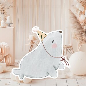Boho baby groot decor Knipsel feestrekwisieten, schattig zeehondje verjaardag standee, boho schattige achtergrond, afdrukbare grote rekwisieten voor feest, leuke decoratie