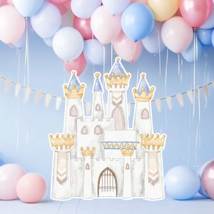 Prinses groot decor Knipsel, babymeisje Verjaardag standee, grillige Bloemenprinses, magisch Betoverd kasteel, blauw afdrukbaar decoratiefeest