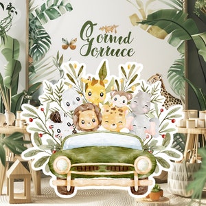 Jungle baby groot decor Knipsel feestrekwisieten, jungle verjaardag standee, schattige achtergrond, afdrukbare grote rekwisieten voor feest, schattig dierenavontuur