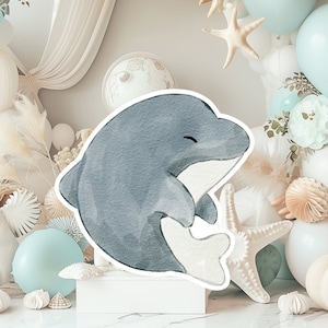 Grand décor bébé dauphin, accessoires de fête découpés, joli voyageur debout d'anniversaire DAUPHIN, adorable toile de fond sous la mer, grands accessoires imprimables pour la fête
