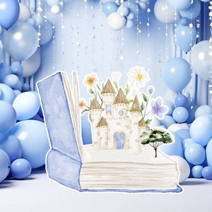 Prinses groot decor Knipsel, babymeisje Verjaardag standee, grillige Bloemenprinses, magisch Betoverd kasteel, blauw afdrukbaar decoratiefeest