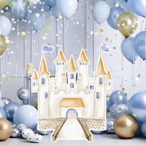Prinses groot decor Knipsel, babymeisje Verjaardag standee, grillige Bloemenprinses, magisch Betoverd kasteel, blauw afdrukbaar decoratiefeest