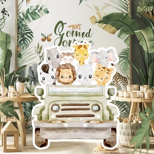 Grande décoration pour bébé dans la jungle, accessoires de fête découpés dans la jungle, voyageur debout dans la jungle, adorable toile de fond, grands accessoires à imprimer pour la fête, aventure avec des animaux mignons