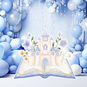 Prinses groot decor Knipsel, babymeisje Verjaardag standee, grillige Bloemenprinses, magisch Betoverd kasteel, blauw afdrukbaar decoratiefeest