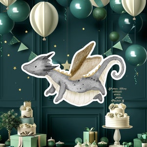 Dragon groot decor knipsel, baby jongen verjaardag standee, grillige draak, schattige sprookjesfeestdecoratie, draak afdrukbare achtergrond voor kind