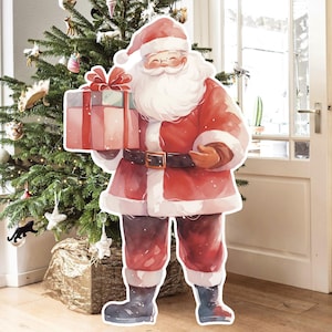 Grand décor de Noël, père Noël, accessoires de fête découpés, voyageur debout pour les vacances de Noël, adorable toile de fond du père Noël, grands accessoires imprimables pour la décoration de fête