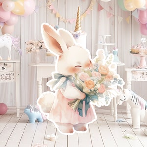 Bunny baby groot decor Knipsel partij rekwisieten, schattig konijn Verjaardag standee, WOODLAND schattige achtergrond, afdrukbare grote rekwisieten voor Feestdecoratie