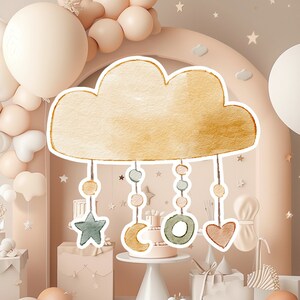 Boho baby groot decor Knipsel feestrekwisieten, schattige wolk verjaardag standee, boho schattige achtergrond, afdrukbare grote rekwisieten voor feest, schattig versieren