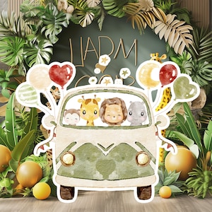 Grande décoration pour bébé dans la jungle, accessoires de fête découpés dans la jungle, voyageur debout dans la jungle, adorable toile de fond, grands accessoires à imprimer pour la fête, aventure avec des animaux mignons