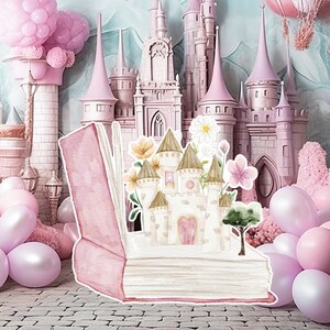 Prinses groot decor knipsel, babymeisje verjaardag standee, grillige bloemenprinses, magisch betoverd kasteel, roze afdrukbare decoratiefeest