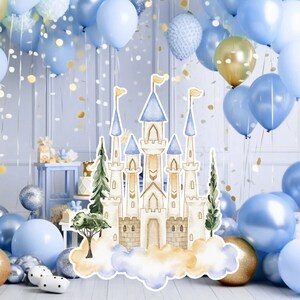 Prinses groot decor Knipsel, babymeisje Verjaardag standee, grillige Bloemenprinses, magisch Betoverd kasteel, blauw afdrukbaar decoratiefeest