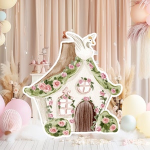 Prinses groot decor knipsel partij rekwisieten, baby verjaardag standee, schattige sprookje achtergrond, magisch betoverd kasteel, afdrukbare decor print