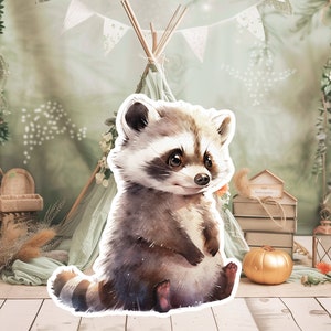 Grote wasbeer baby groot decor Knipsel feestrekwisieten, schattige wasbeer verjaardag standee, WOODLAND schattige achtergrond, afdrukbare grote rekwisieten voor feestdecor