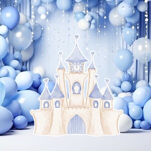 Prinses groot decor Knipsel, babymeisje Verjaardag standee, grillige Bloemenprinses, magisch Betoverd kasteel, blauw afdrukbaar decoratiefeest