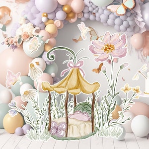 Découpe de grand décor de fée, voyageur debout d'anniversaire de fée, princesse fée florale fantaisiste, jardin féerique enchanté magique, partie de décoration imprimable