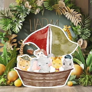 Grande décoration pour bébé dans la jungle, accessoires de fête découpés dans la jungle, voyageur debout dans la jungle, adorable toile de fond, grands accessoires à imprimer pour la fête, aventure avec des animaux mignons