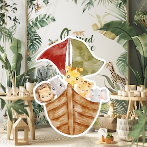 Grande décoration pour bébé dans la jungle, accessoires de fête découpés dans la jungle, voyageur debout dans la jungle, adorable toile de fond, grands accessoires à imprimer pour la fête, aventure avec des animaux mignons