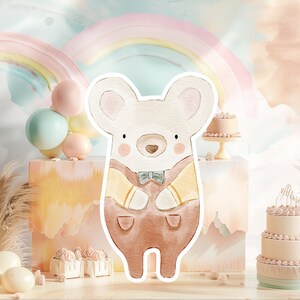 Boho baby groot decor knipsel partij rekwisieten, schattige muis verjaardag standee, boho schattige achtergrond, afdrukbare grote rekwisieten voor feest, schattige decoratie
