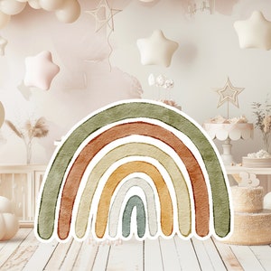 Boho baby groot decor knipsel partij rekwisieten, schattige regenboog verjaardag standee, boho schattige achtergrond, afdrukbare grote rekwisieten voor feest, schattig versieren