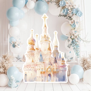 Prinses groot decor Knipsel, babymeisje Verjaardag standee, grillige Bloemenprinses, gouden magisch Betoverd kasteel, afdrukbare deco, feestrekwisieten