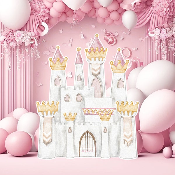 Princess big decor Cutout, baby girl Birthday standee, whimsical Floral Princess, magical Enchanted castle, pink printable decoration party