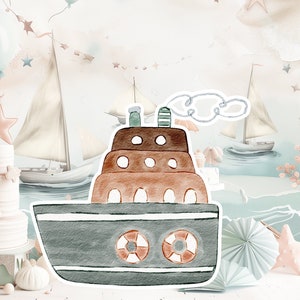 Boho baby groot decor Knipsel partij rekwisieten, schattig schip Verjaardag standee, boho schattige achtergrond, afdrukbare grote rekwisieten voor feest, cruise decoratie