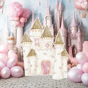 Princesse grand décor Découpe, bébé fille anniversaire voyageur debout, princesse florale fantaisiste, château enchanté magique, fête de décoration imprimable rose