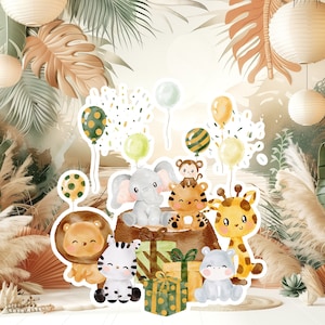 Grand décor de bébé de la jungle, accessoires de fête découpés, joli voyageur debout d'anniversaire dans la jungle, toile de fond adorable, grands accessoires imprimables pour la fête, animal mignon